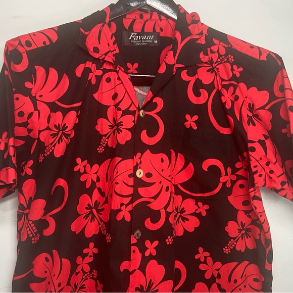 Favant Hawaiian Shirt Mens Medium Red Black Hibiscus Floral Print 100% Cotton - Picture 6 of 15